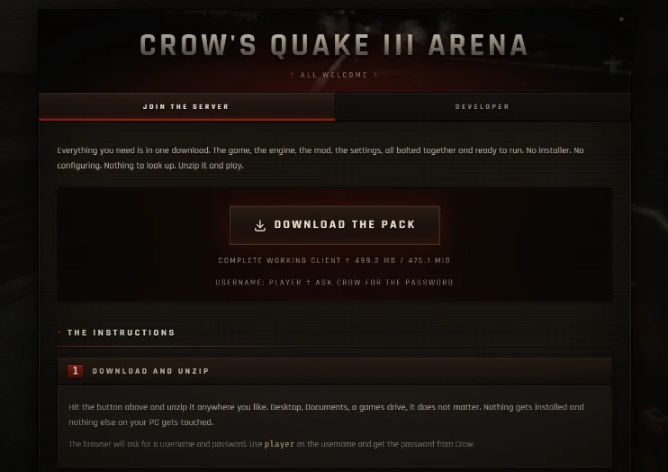 The crowq3 join page: Crow's Quake III Arena, with a download button and setup instructions.
