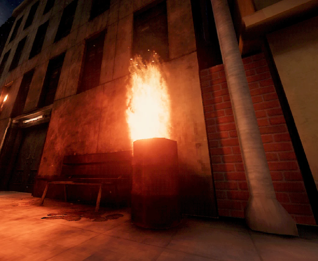 CrowPSX burning barrel in a warmly lit brick alley