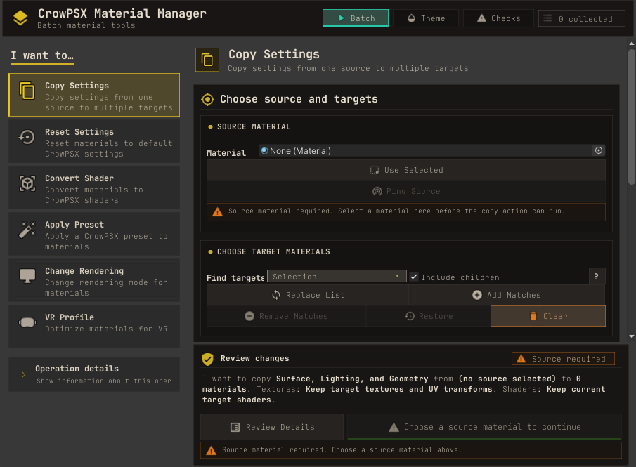 CrowPSX Material Manager showing the Copy Settings workflow, source and target selection, and change review