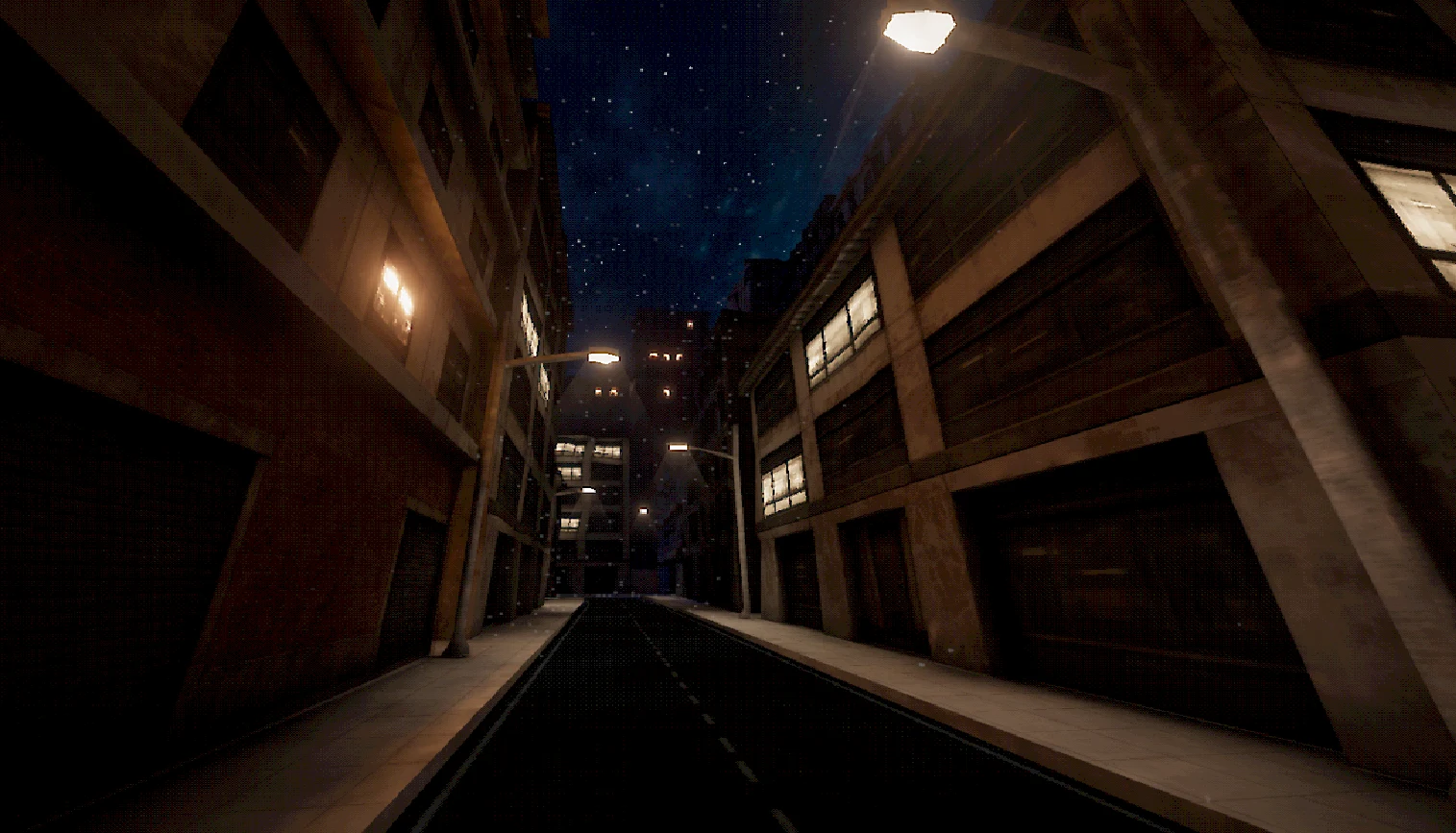 CrowPSX demo street with retro brick materials, warm street lighting, and a procedural night sky