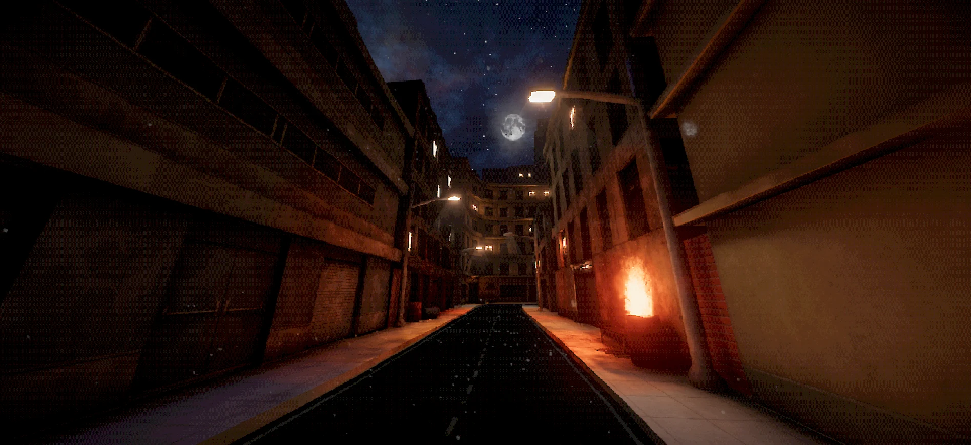 CrowPSX demo: a moonlit brick street with warm lights and retro textured surfaces
